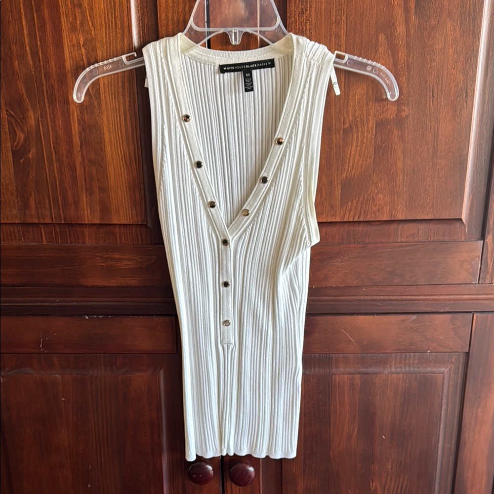 White Ribbed Sleeveless Top with Button Detail by White House Black Market